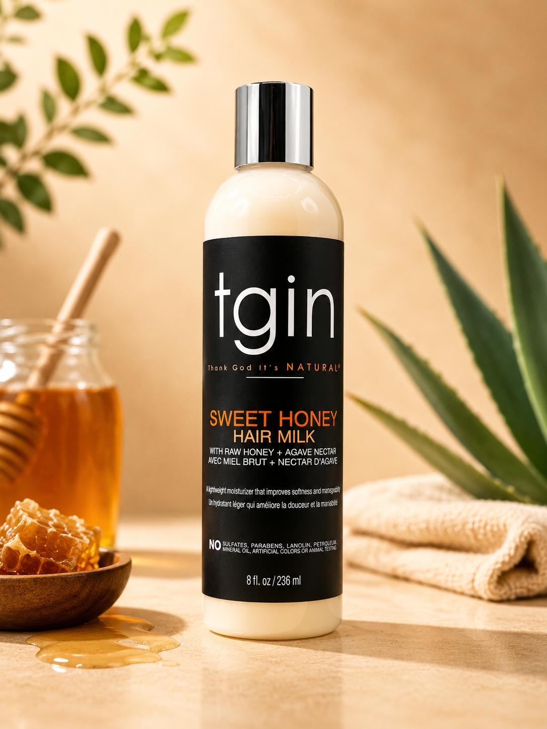 "TGIN" Lait capillaire hydratant au miel brut & nectar d’agave – 236 ml